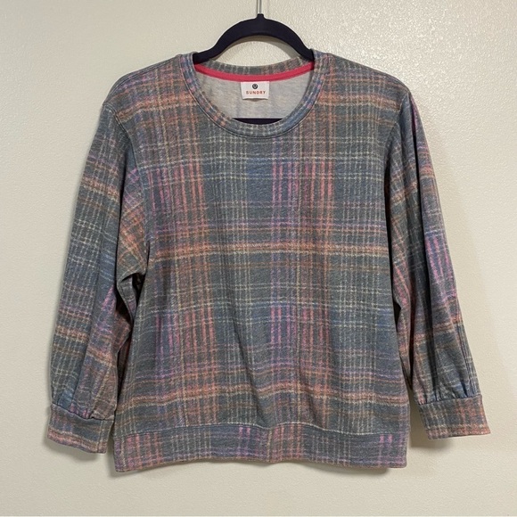 Sundry Sweater Women’s Size Small Pastel Rainbow Plaid Sweater - Picture 5 of 15